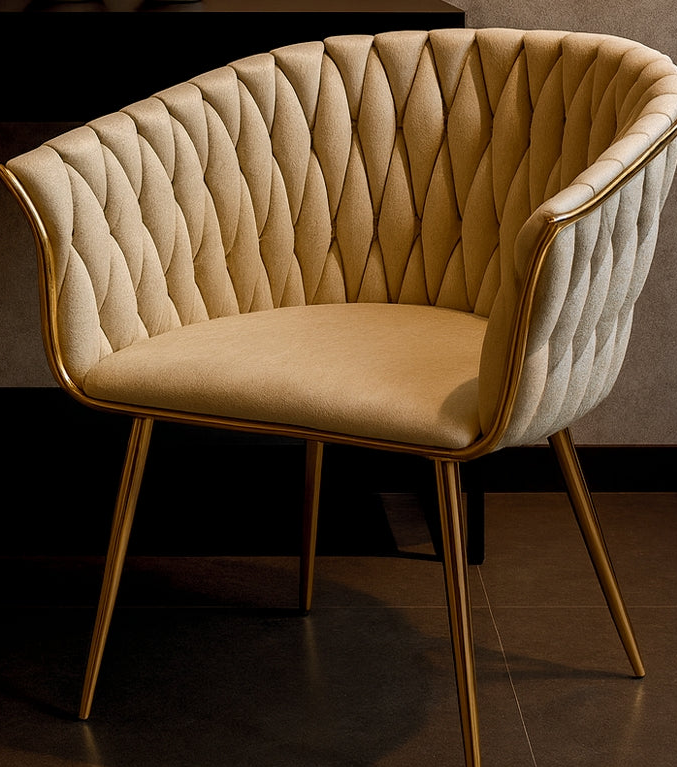 Beige quilted chair in a room with decorative vases on a shelf.