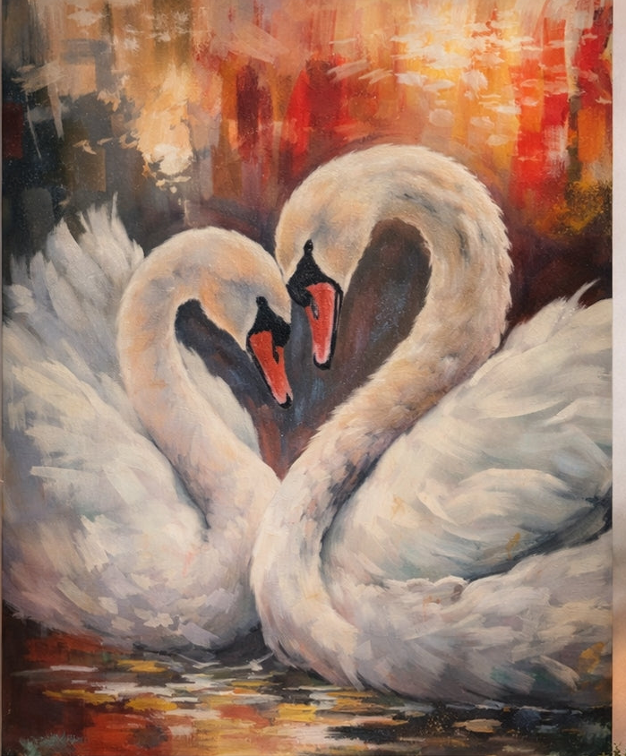 Living room with a large abstract painting of two swans on the wall.