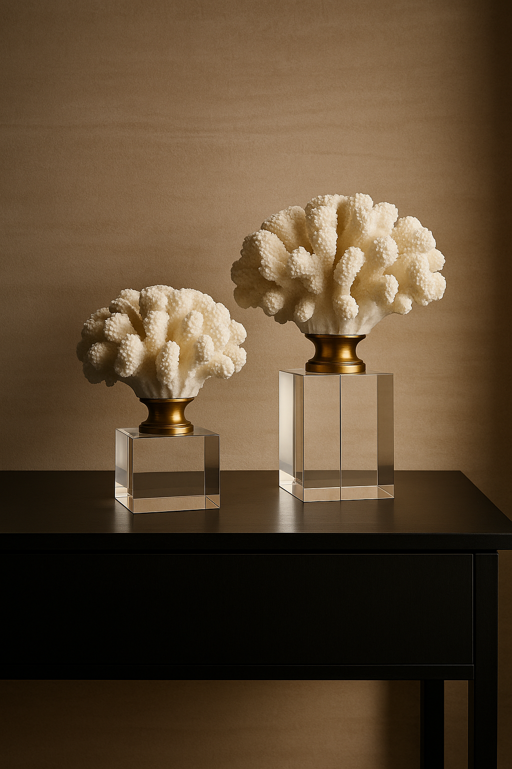 Two coral sculptures on clear stands against a brown background