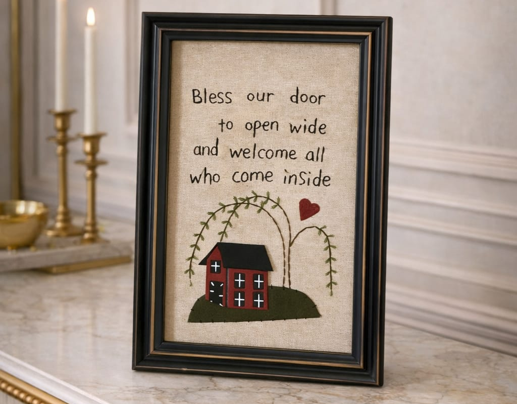 Framed artwork with a house illustration and text on a marble surface.