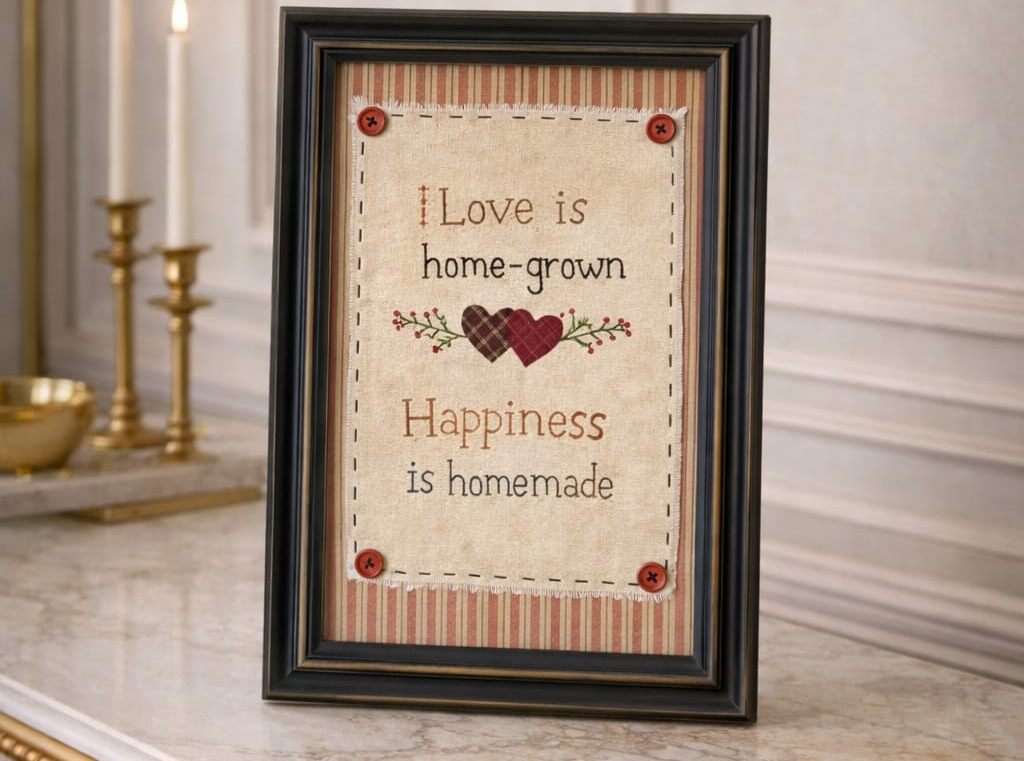 Framed quote on a marble surface with candles and decorative elements.