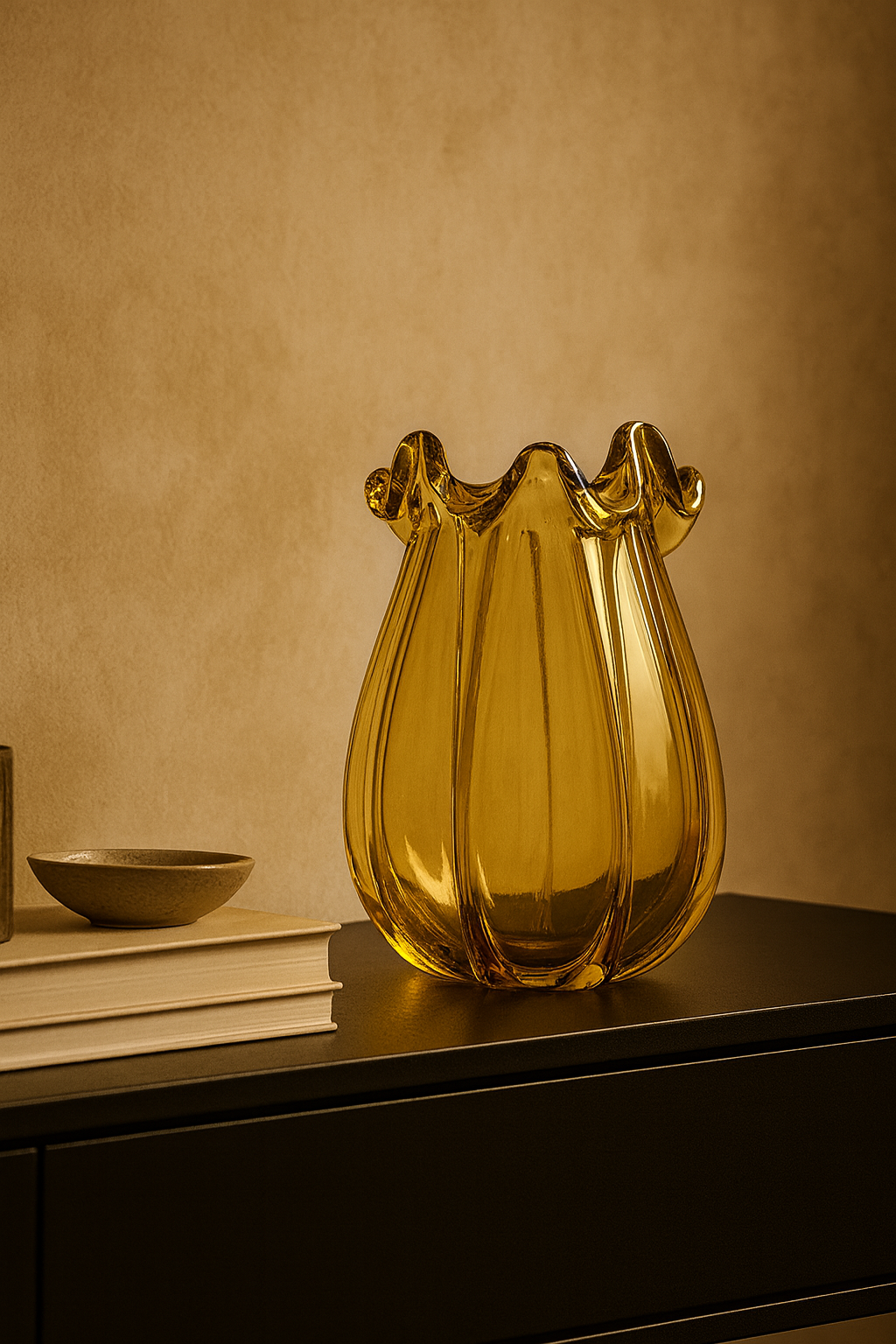 Yellow glass vase on a dark surface with a beige background