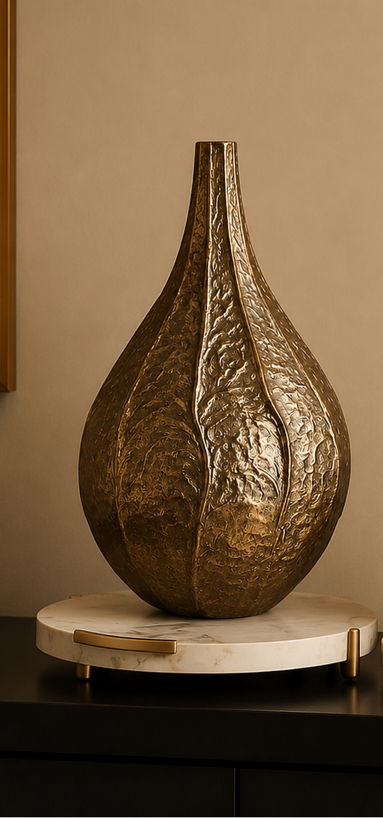 Two metallic teardrop-shaped decorative vases with a textured, leaf-like embossed pattern in a warm gold finish, displayed on round white marble bases on a dark console table.