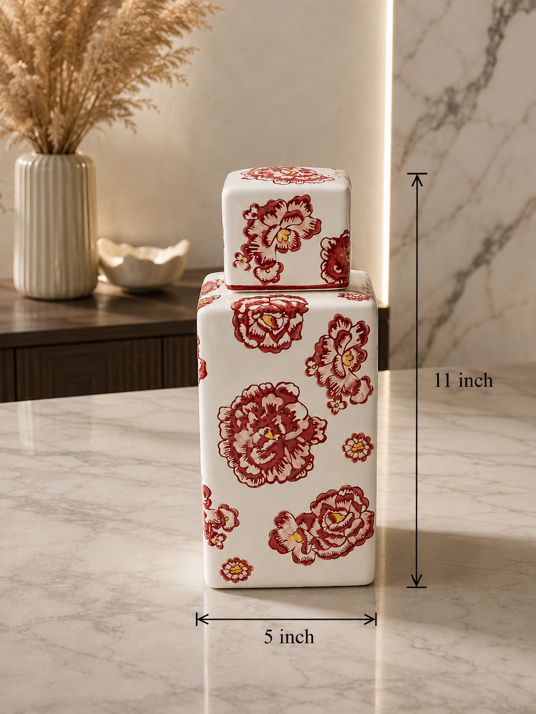 Red Floral Ceramic Ginger Jar