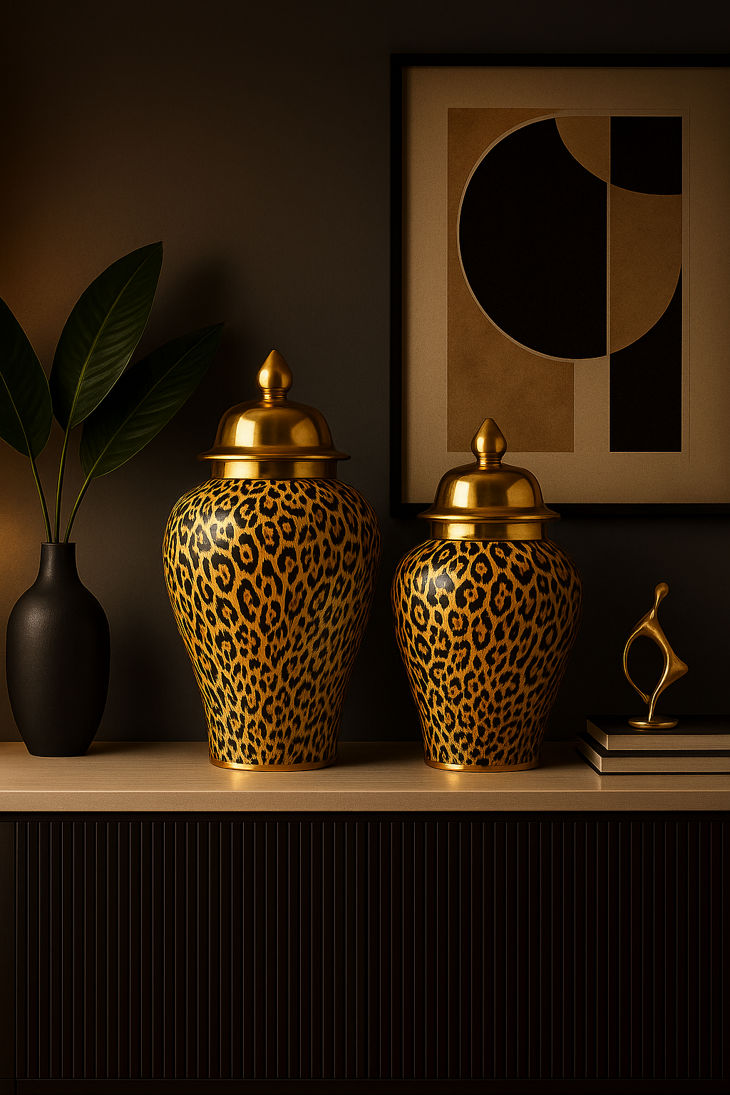 Two leopard print vases with gold lids on a wooden surface, with a framed abstract art piece in the background.