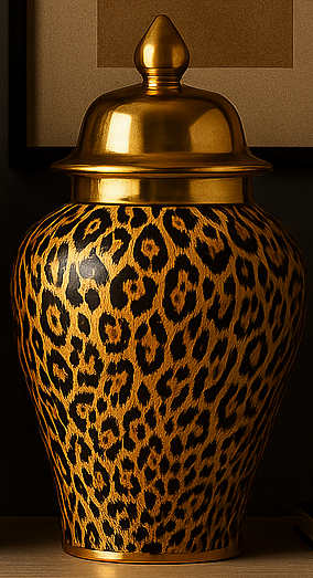 Two decorative urns with leopard print design and gold lids on a dark surface.