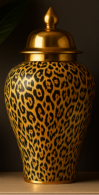Two decorative urns with leopard print design and gold lids on a dark surface.